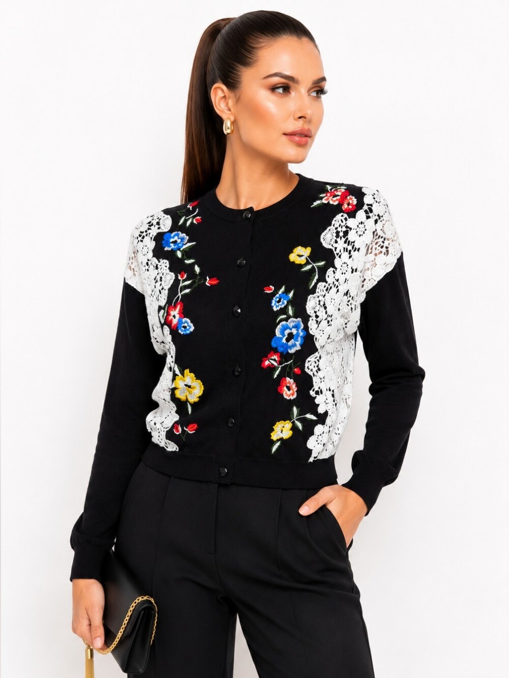 Alice + Olivia Leena Lace Floral Embroidered Cardigan Black Cotton Size S